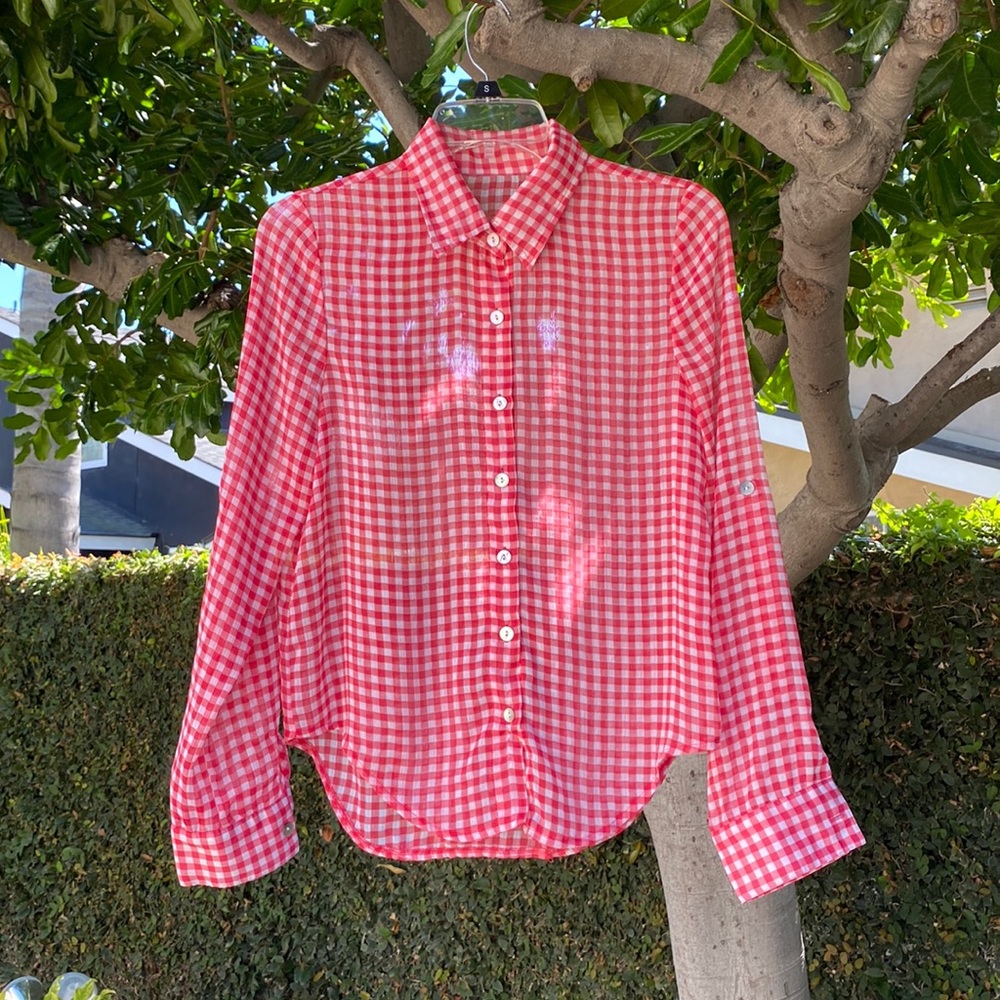 sheer plaid button up